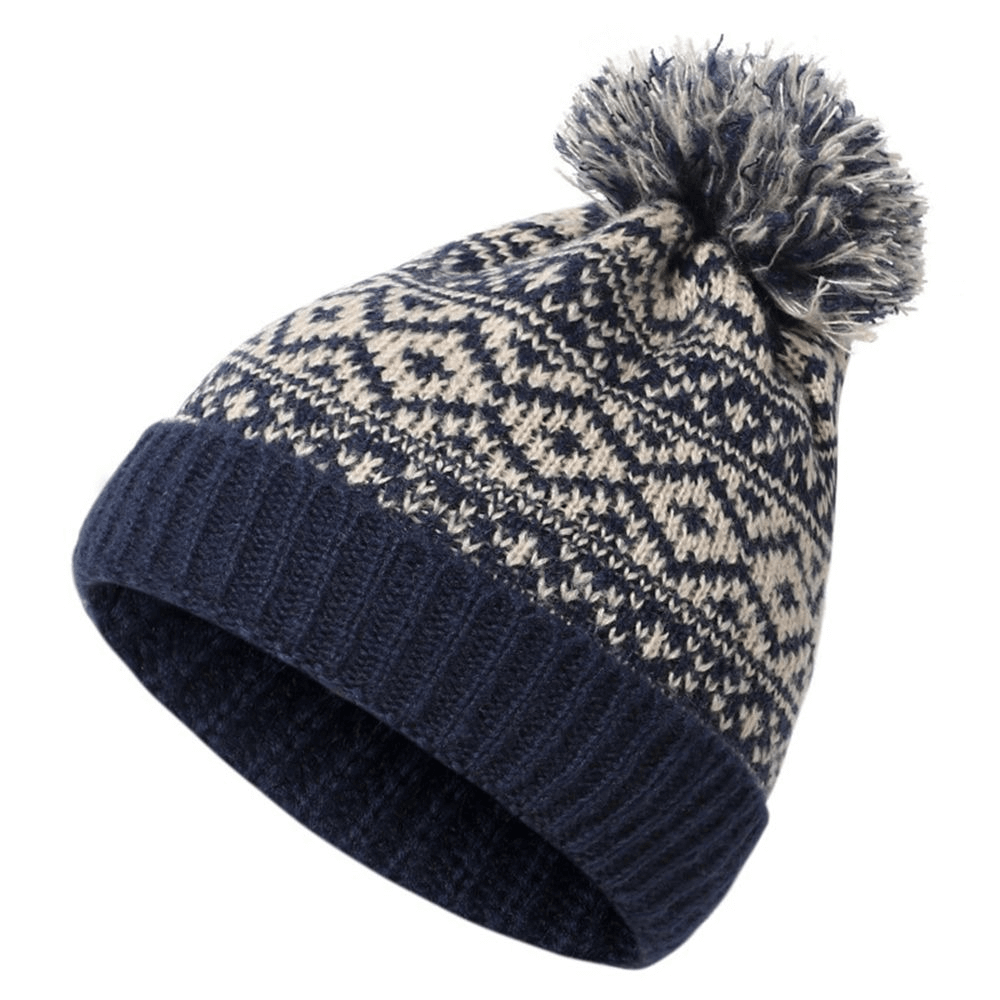 Warm knitted pom wooly cap with plaid pattern, ideal for winter. Unisex ski beanie offering cozy comfort in stylish navy and cream design.