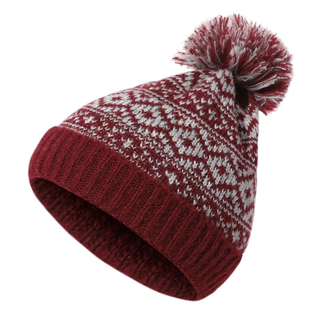 Warm knitted pom wooly cap with plaid design, perfect for winter, unisex ski beanie for warmth and style in red and white pattern.