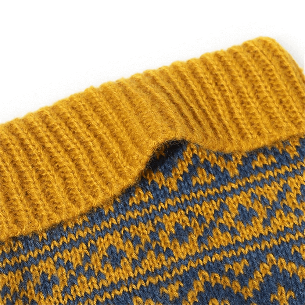 Close-up of yellow and blue plaid knitted pom wooly cap, showcasing cozy winter fashion for men and women.