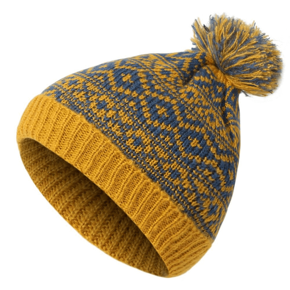Warm knitted pom wooly cap in yellow and blue plaid design for skiing and winter activities, unisex style, SF0179.
