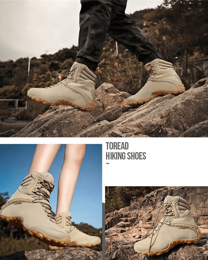 High cut hiking boots on rocky trail, showcasing durable design and waterproof features for outdoor adventures.