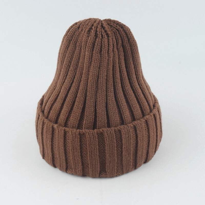 Warm plain soft knitted brown hat for women and men, unisex casual style, perfect for winter, ribbed design, head circumference 55-60 cm.