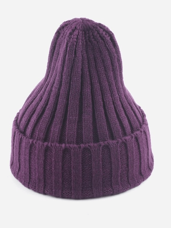 Warm plain soft knitted purple hat for unisex, casual style, 55-60 cm head circumference, cotton acrylic blend, solid color.