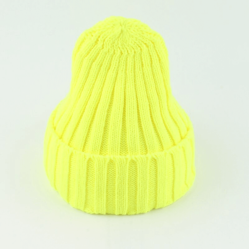 Vibrant yellow soft knitted hat for men and women, crafted with cotton and acrylic for a warm, comfortable casual style.