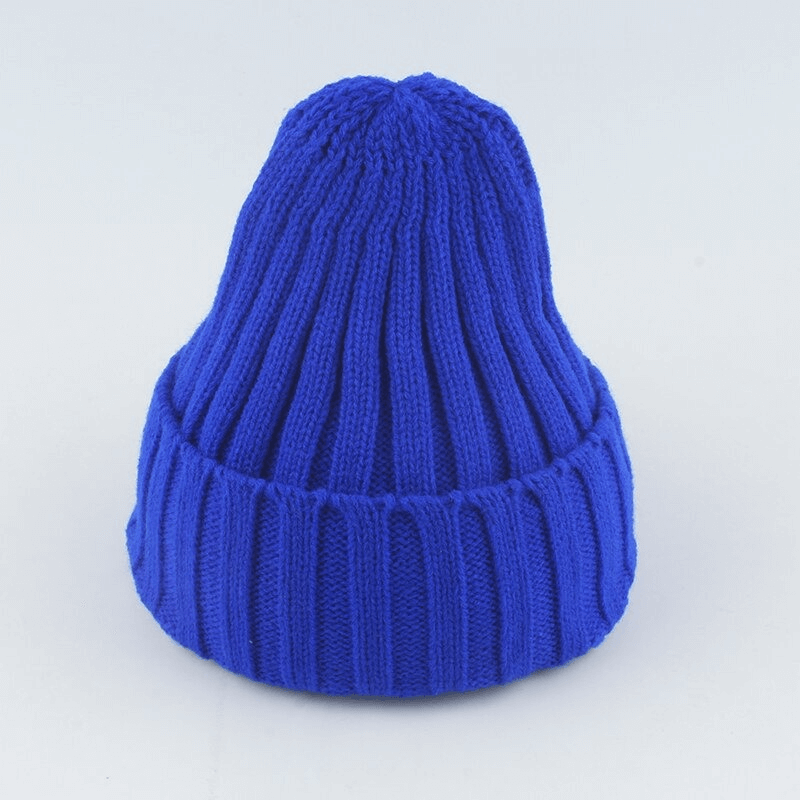 Vibrant blue soft knitted hat for men and women, unisex casual style, solid color, warm and comfortable fit, ideal for cold weather.