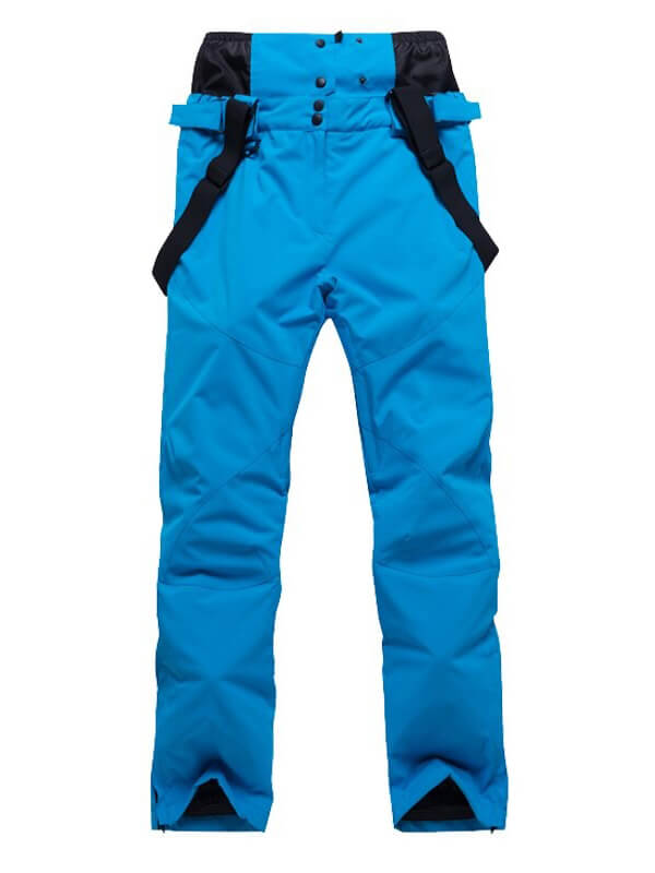 Bright blue unisex ski trousers with suspenders for warmth and comfort, made from breathable polyester fabric.