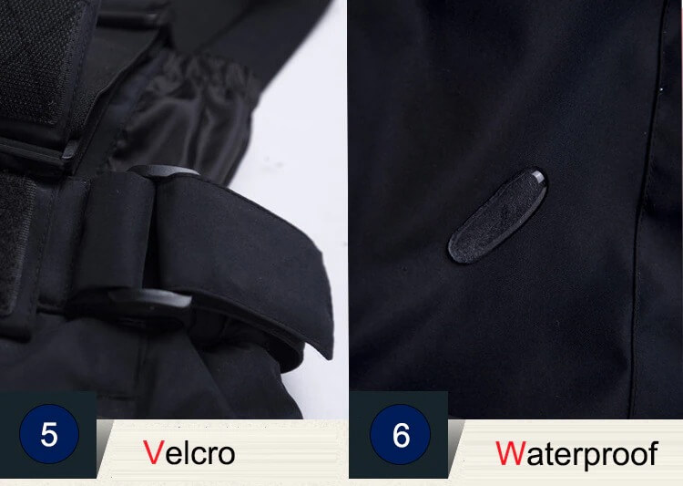 Close-up of ski trousers showing Velcro strap and waterproof fabric features for warmth and protection.