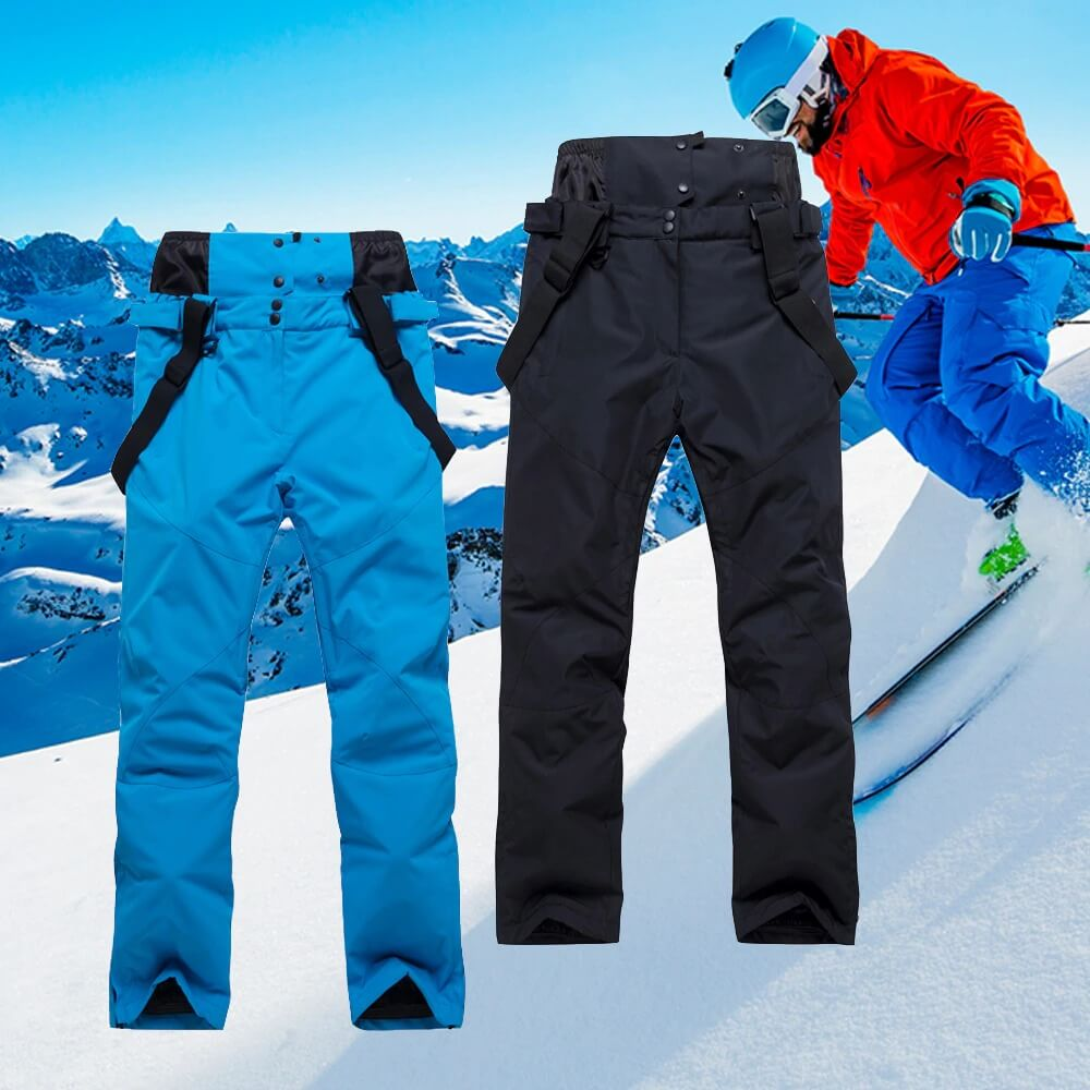 Unisex warm ski trousers with suspenders in blue and black, perfect for skiing in cold weather. SF0597 model shown on snowy slopes.