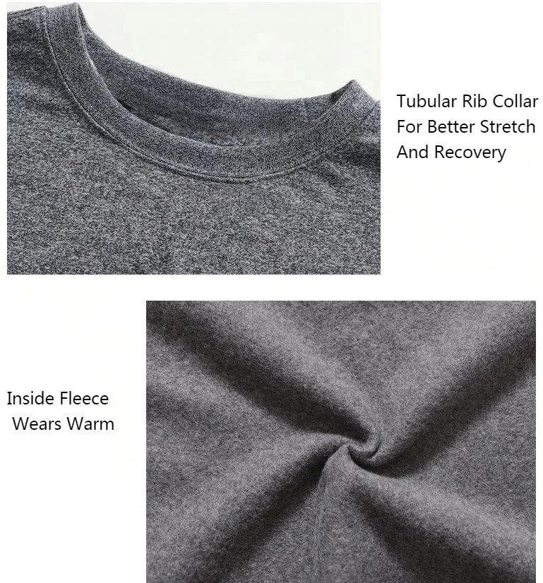 Close-up of warm solid color sweatshirt showcasing tubular rib collar and soft inside fleece for comfort and durability.
