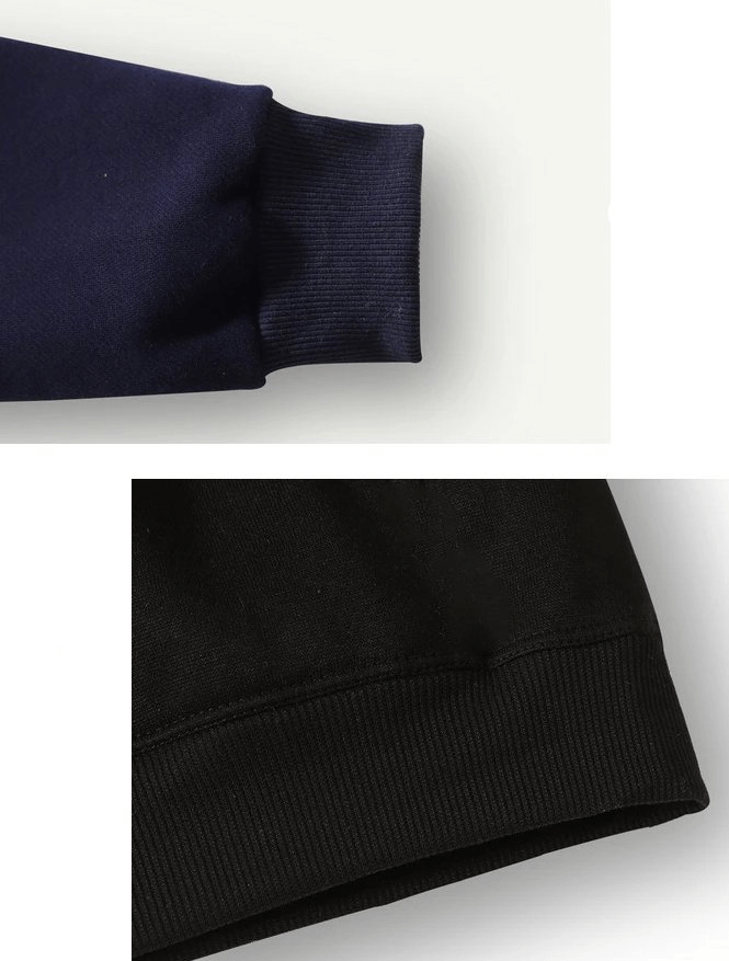 Close-up of cuffs on warm solid color sports sweatshirt in navy and black, made from durable polyester for men.