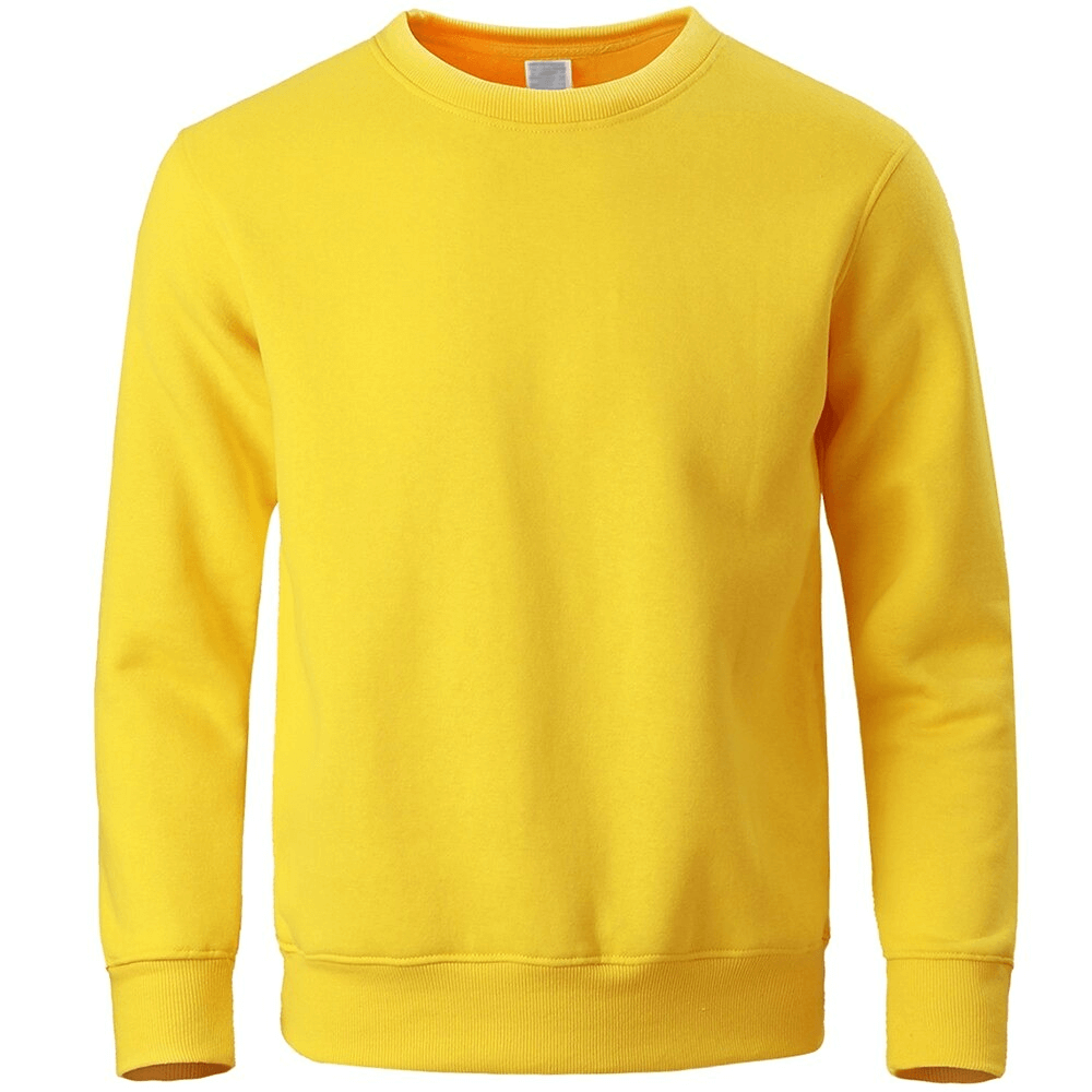 Warm solid color yellow sports sweatshirt for men, featuring an O-neck collar and full-length sleeves, made from durable polyester.