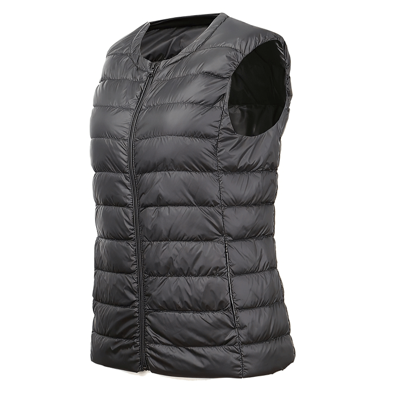 Warm solid women's vest with pockets, oversize ultra-light black sleeveless outwear, featuring zipper closure, perfect for casual wear.