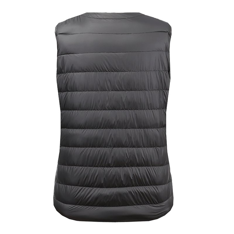 Back view of warm solid women's vest, oversized ultra-light outwear with duck down filling and pockets, perfect for cozy casual wear.