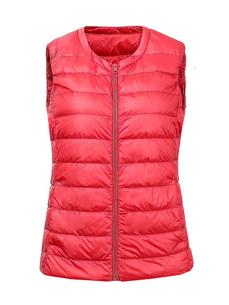 Red women's oversize lightweight vest with pockets, solid pattern, zipper closure - perfect for warmth and style.