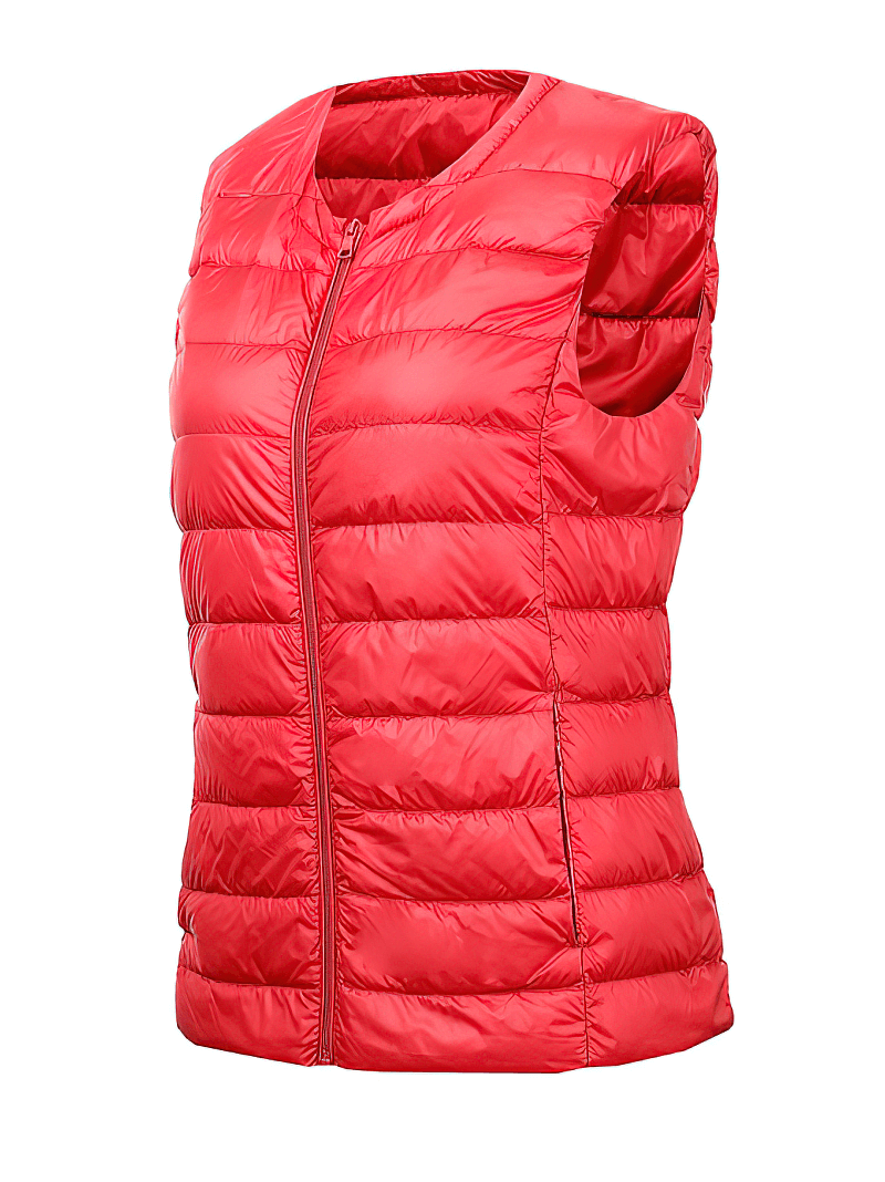 Warm solid women's vest with pockets, oversized ultra-light outwear in vibrant red, featuring zipper closure and cozy design SF0090.