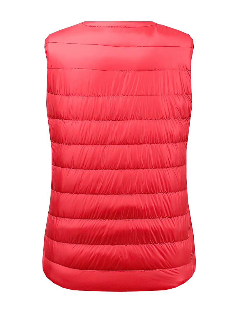 Bright red women's vest with pockets, featuring a solid pattern, ultra-light and oversized design, perfect for stylish warmth.