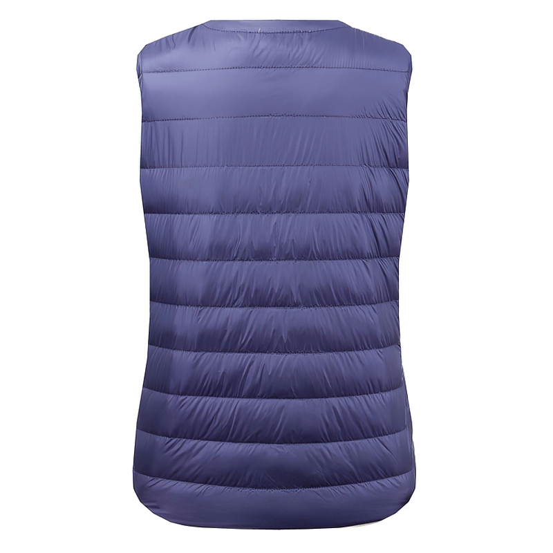 Back view of a purple ultra-light women's vest, featuring solid pattern and soft broadcloth fabric, perfect for layering and comfort.