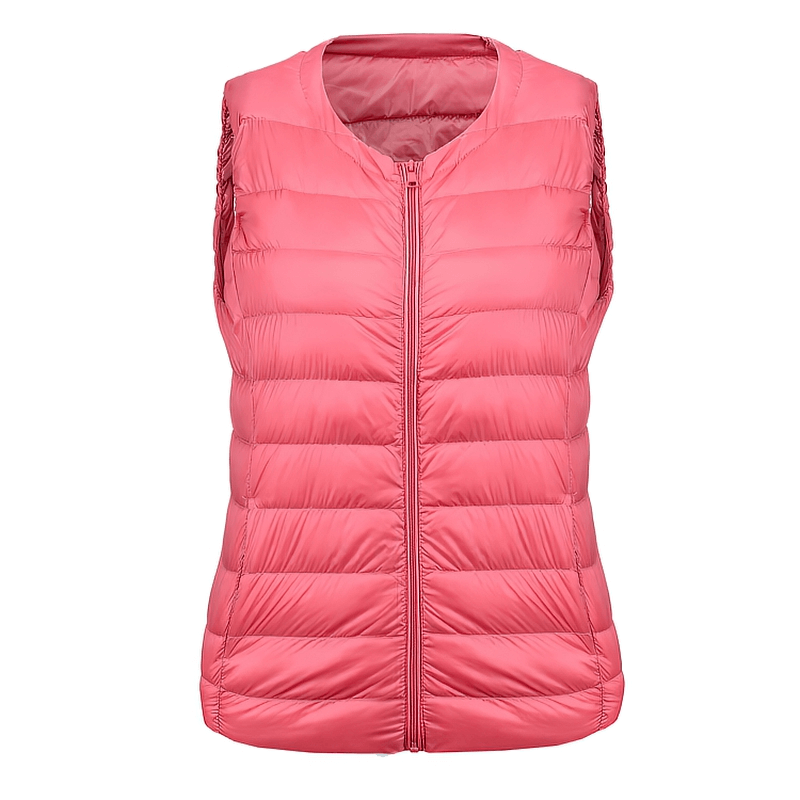 Oversize ultra-light pink women's vest with pockets and zipper, warm solid design, perfect for cozy style in chilly weather.