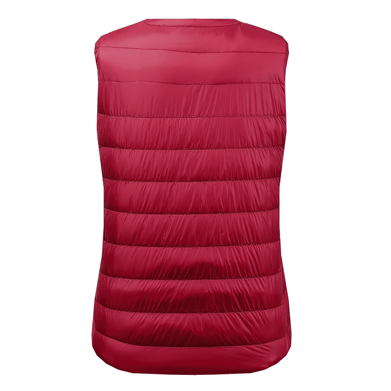 Red warm women's vest with pockets, oversize ultra-light design, polyester-cotton blend, solid pattern, ideal for cozy casual wear.