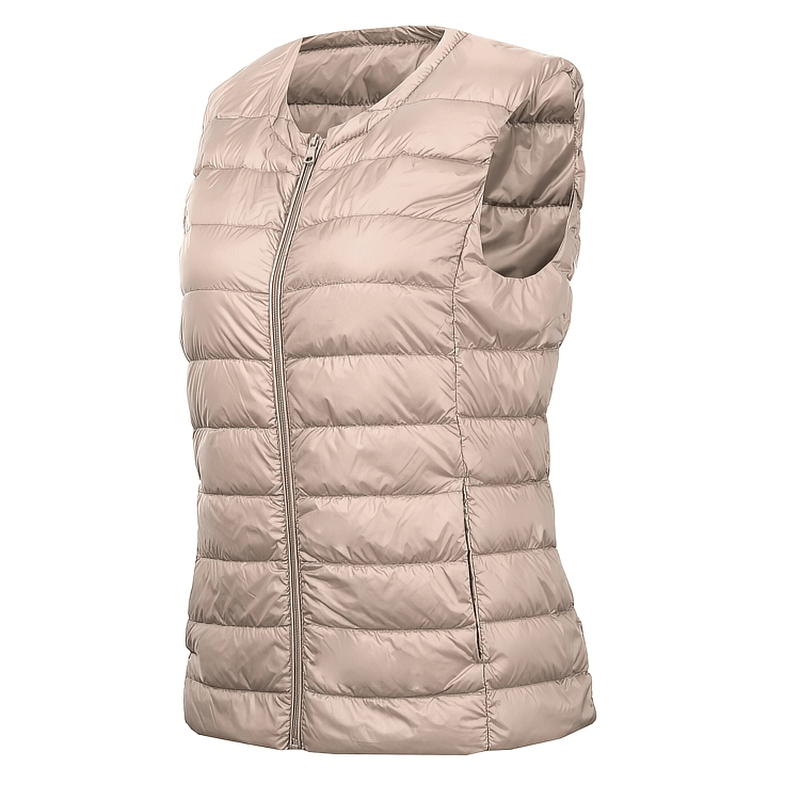 Warm solid women's vest with pockets, oversize ultra-light design, filled with white duck down, featuring zipper closure. SF0090.