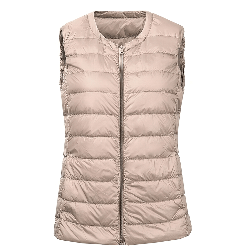 Warm women's vest with zipper, oversized and ultra-light design, featuring solid pattern and pockets, perfect for cozy style.