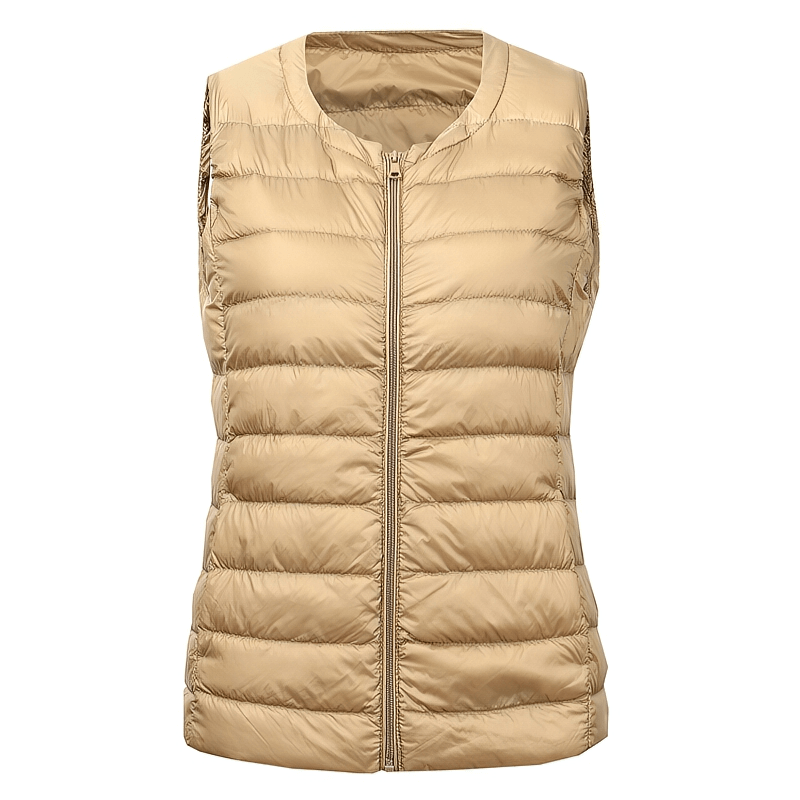Warm solid women's vest with pockets, oversize ultra-light outwear in beige. Perfect for cozy comfort with zipper closure.