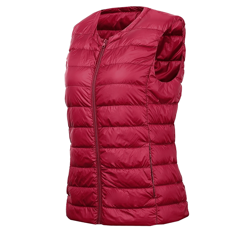 Red women's sleeveless vest with zipper and pockets, ultra-light oversized design, made of polyester, filled with white duck down.