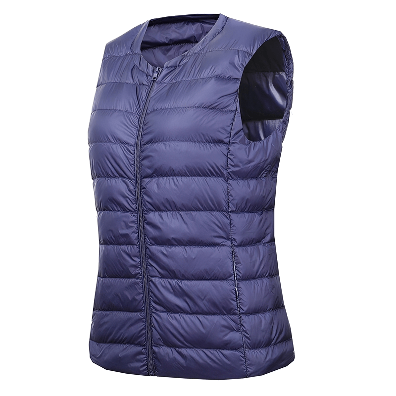 Warm solid women's vest with pockets, ultra light oversized outwear, polyester-cotton blend, zipper closure, and duck down filling.