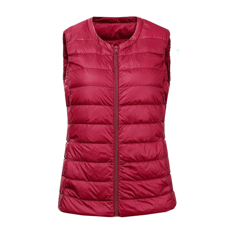 Warm women's oversize vest in solid red with pockets, ultra-lightweight, cozy polyester and cotton blend, featuring a zipper closure.