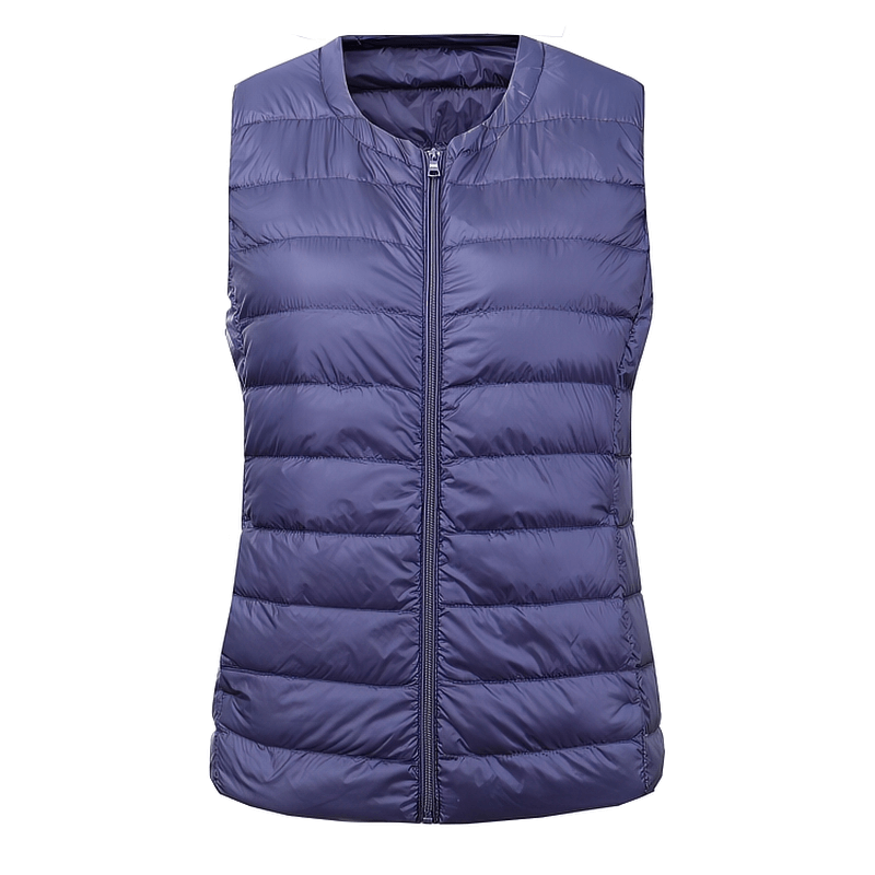 Warm solid women's vest with pockets, purple ultra-light oversized outwear, polyester-cotton blend, casual style with zipper closure.