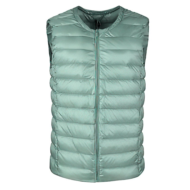 Warm light teal women's vest with pockets, oversized ultra-light outerwear, polyester and cotton blend, stylish and cozy.