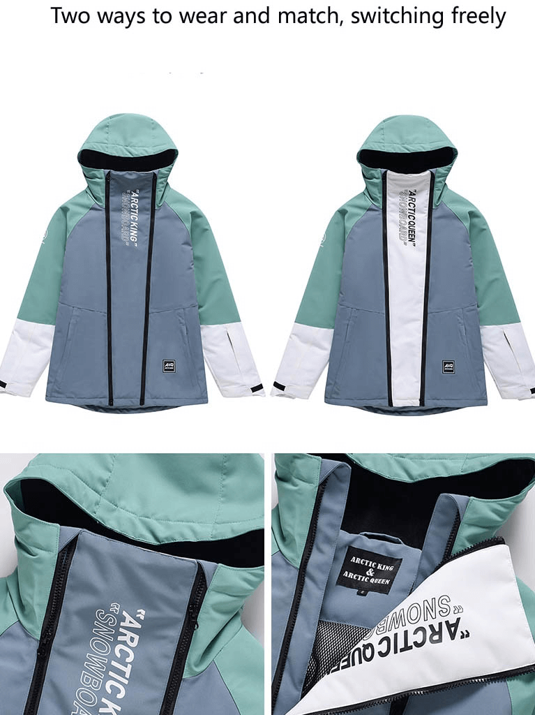 Warm waterproof snowboarding jacket with hood and double zipper, ideal for skiing. Unisex design in turquoise and gray colors, SF0943.