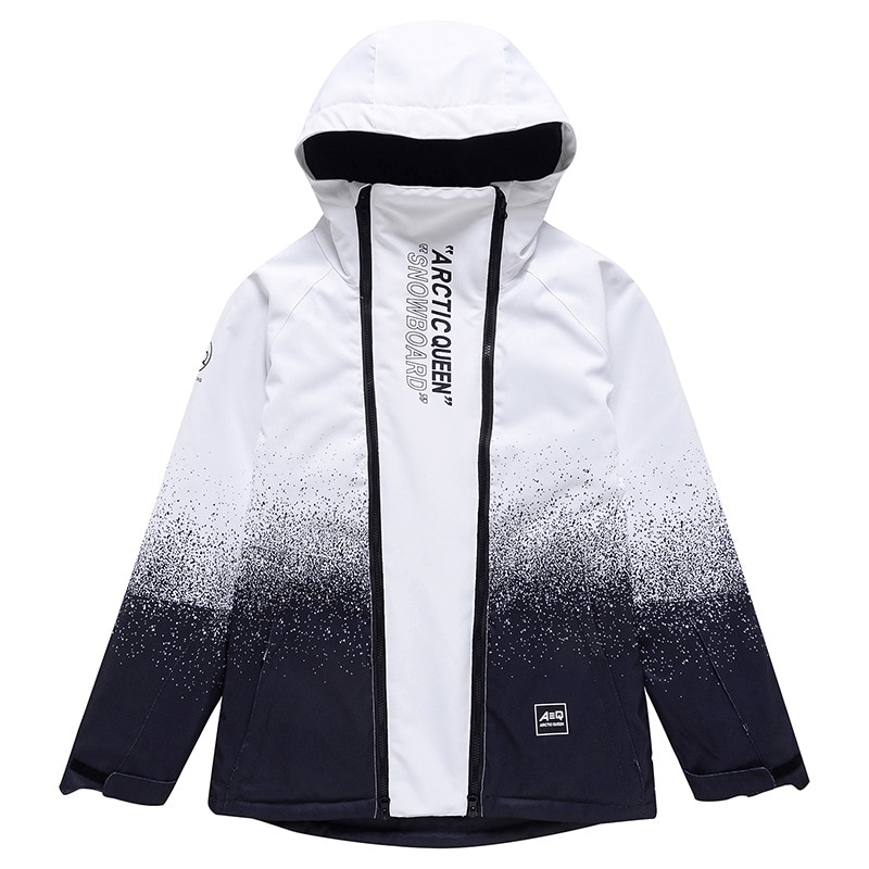 Warm waterproof snowboarding jacket with double zipper, unisex design, hooded collar, ideal for skiing in any weather.