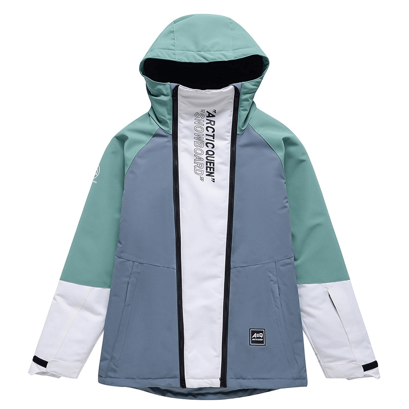 Unisex warm waterproof snowboarding jacket with double zipper, hooded collar, and breathable fabric, perfect for skiing in any weather.