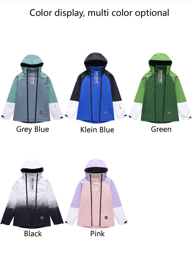 Five colorful snowboarding jackets with hoods in grey blue, klein blue, green, black, and pink colors displayed.