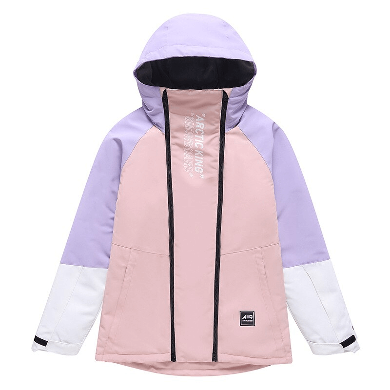 Warm waterproof snowboarding jacket with hood and double zipper in pastel colors, perfect for skiing. Unisex with breathable fabric.