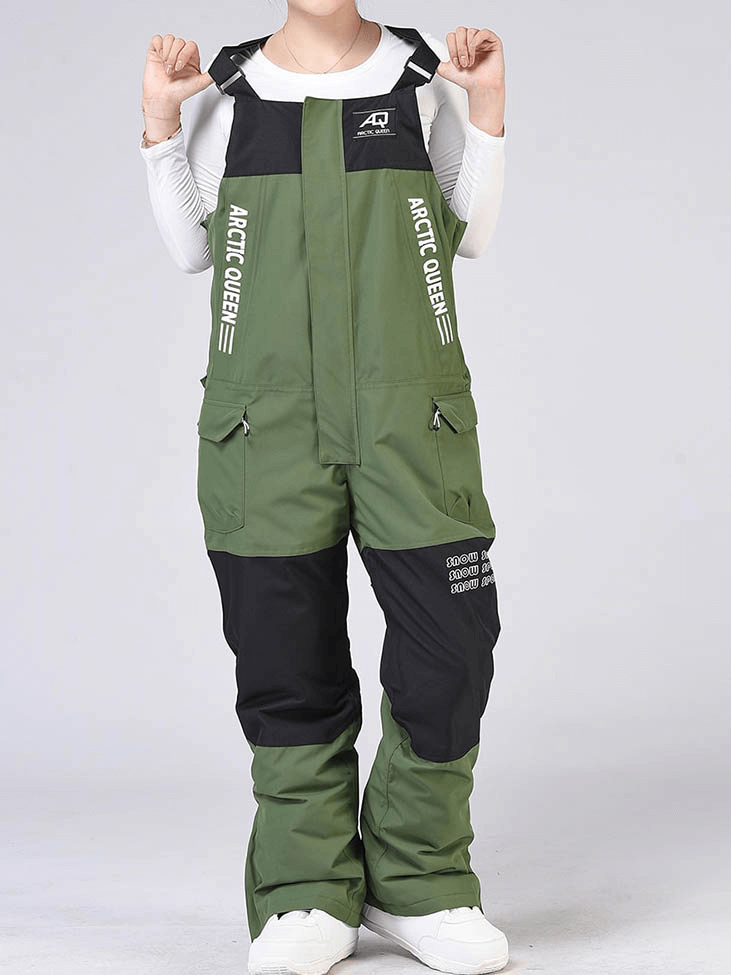 Unisex green and black waterproof snowboarding pants, perfect for skiing and winter sports, featuring zipper straps and a comfy fit.