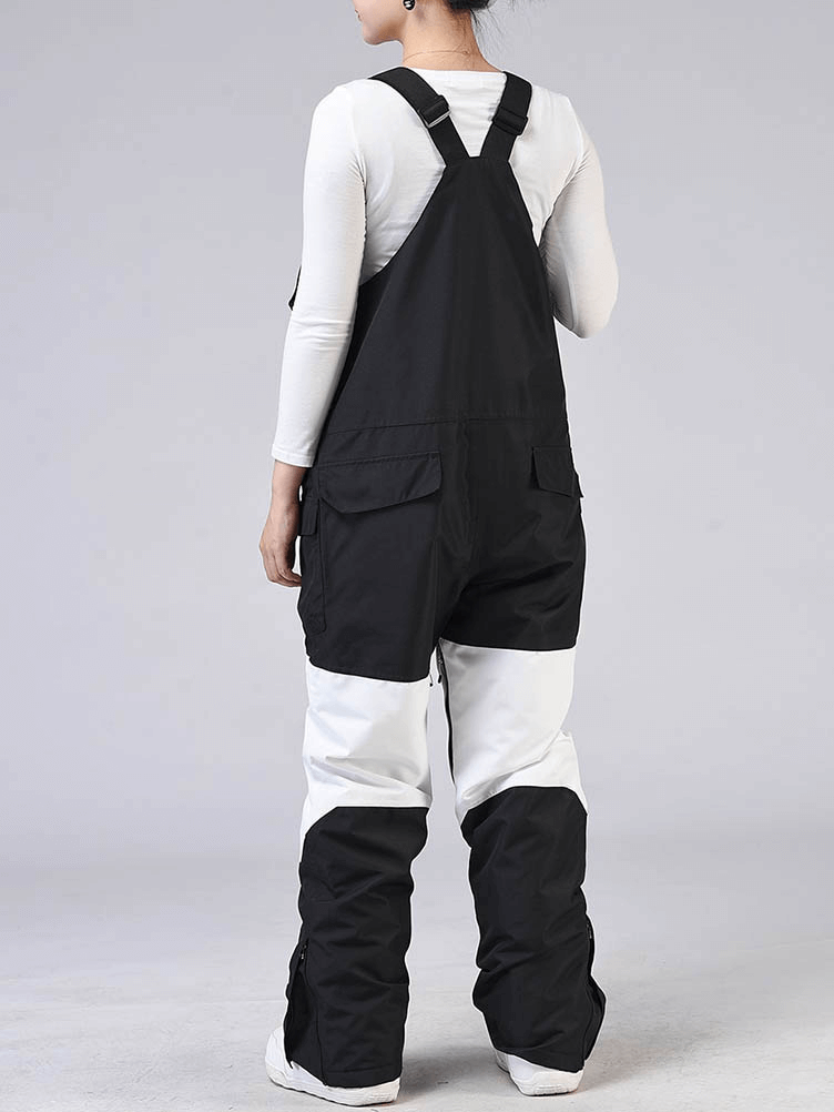 Unisex warm waterproof snowboarding pants with zipper straps, black and white color, perfect for skiing or winter sports.