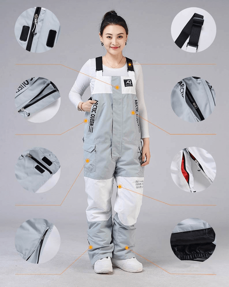 Unisex Warm Waterproof Zipper Strap Snowboarding Jumpsuit SF0947 with detailed views of features and accessories.