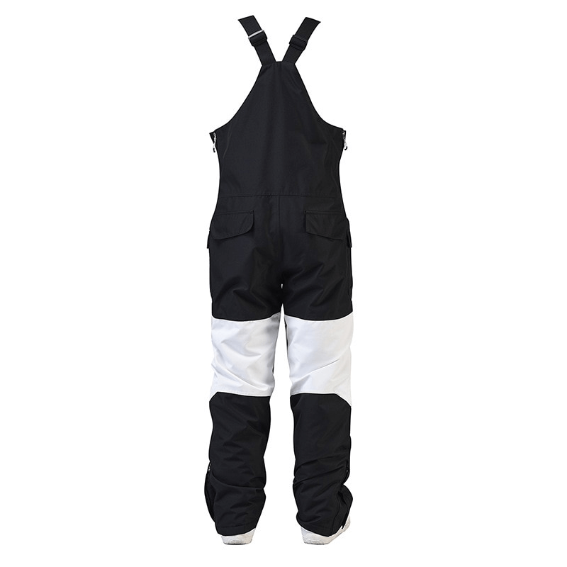 Back view of unisex warm waterproof zipper strap snowboarding pants, winter ski jumpsuit, black and white design, perfect for skiing.
