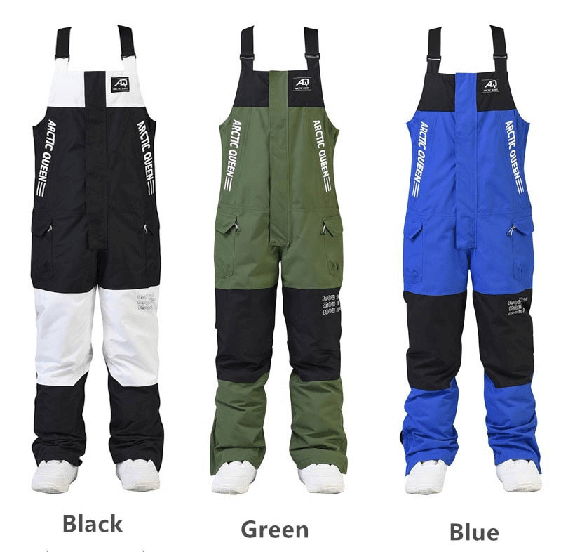 Warm Waterproof Zipper Strap Snowboarding Pants in black, green, and blue; ideal winter ski jumpsuit for unisex snow adventures.