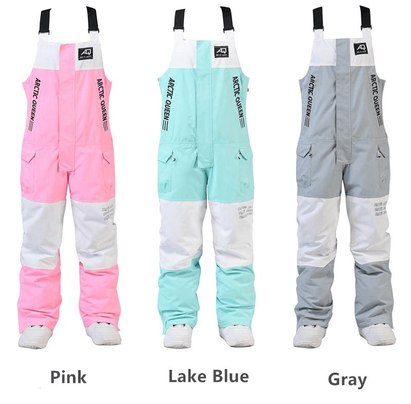 Unisex warm waterproof snowboarding pants in pink, blue, and gray, perfect for skiing, with zipper straps; SF0947.