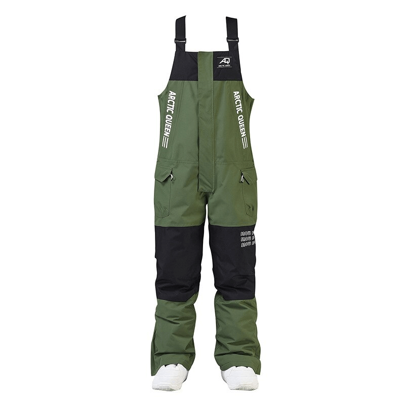 Unisex warm waterproof ski jumpsuit with zipper strap in green and black, ideal for snowboarding and skiing on the slopes.