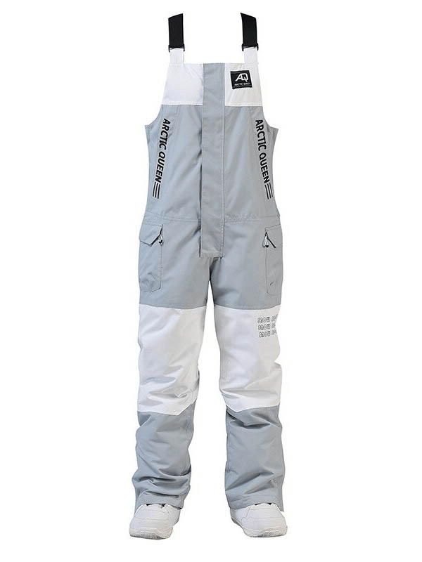 Unisex warm waterproof zipper strap snowboarding pants jumpsuit in gray and white, perfect for winter skiing adventures.