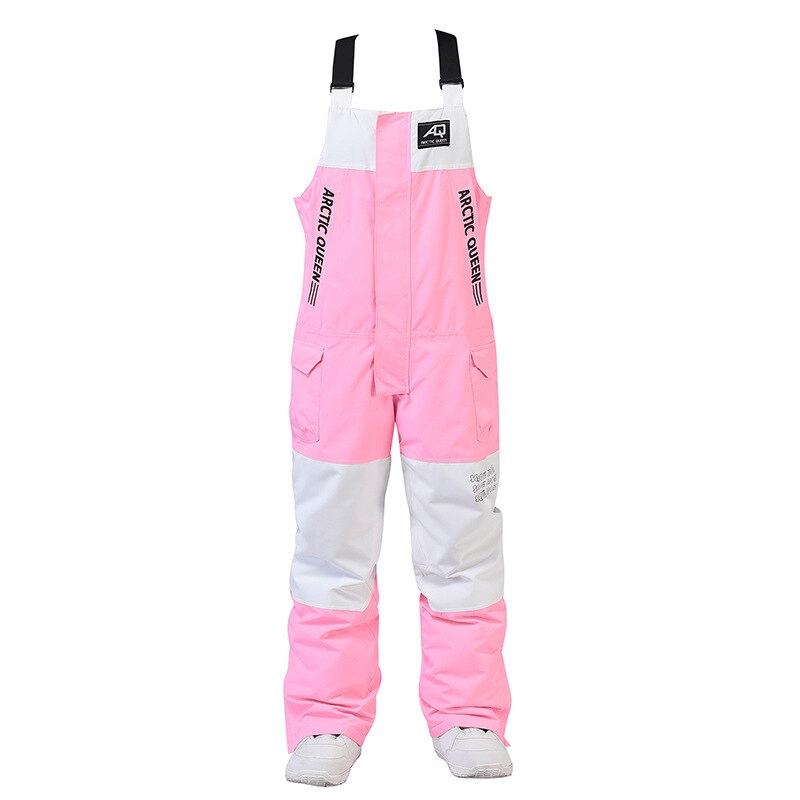 Pink and white waterproof snowboarding pants with zipper straps, ideal for unisex winter ski adventures. Model SF0947.