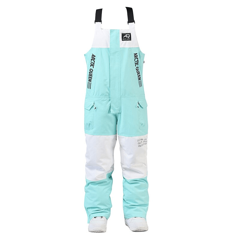 Unisex turquoise and white waterproof snowboarding pants with zipper straps, ideal for skiing in all seasons.