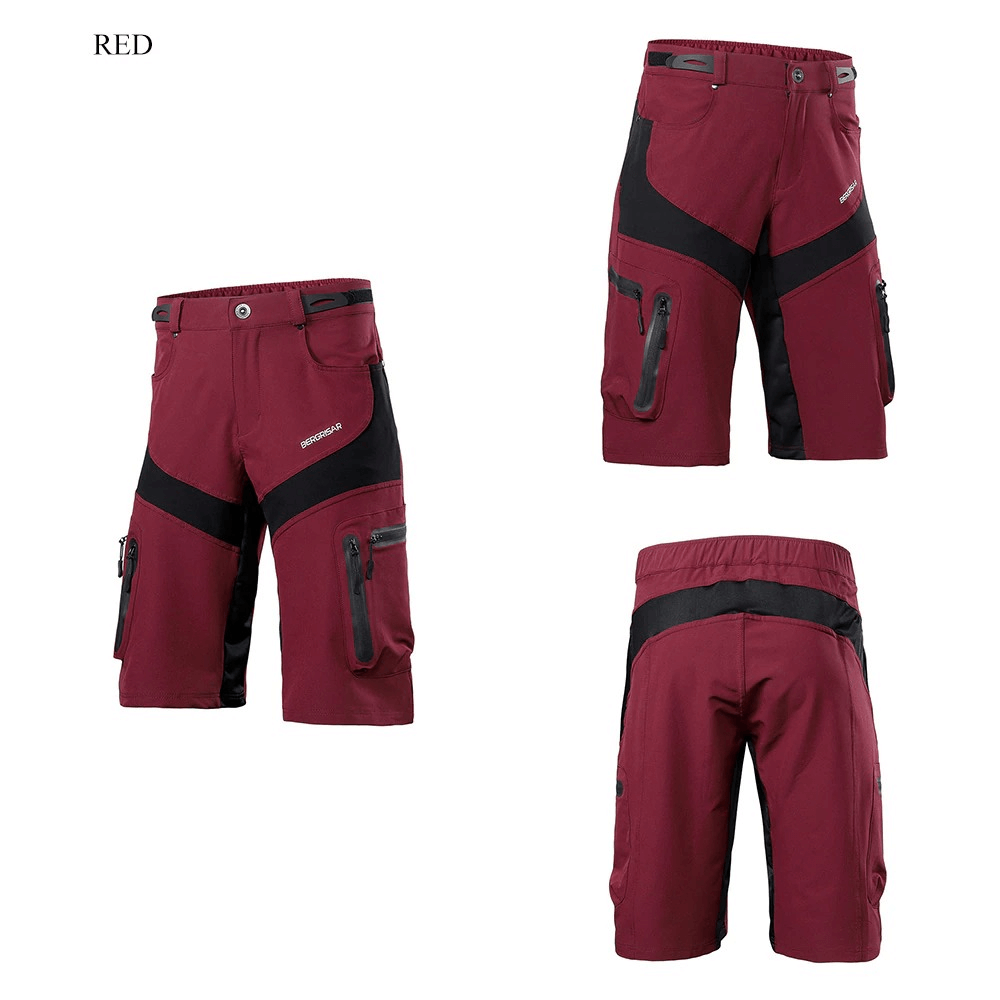 Red water-resistant downhill mountain bike shorts with reflective details, made of polyester and spandex for comfort and UV protection.