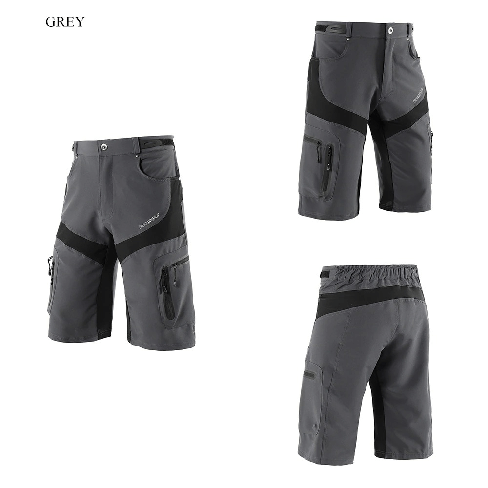 Grey water-resistant downhill mountain bike shorts SF0592 shown from front, side, and back with zippered pockets and reflective detail.