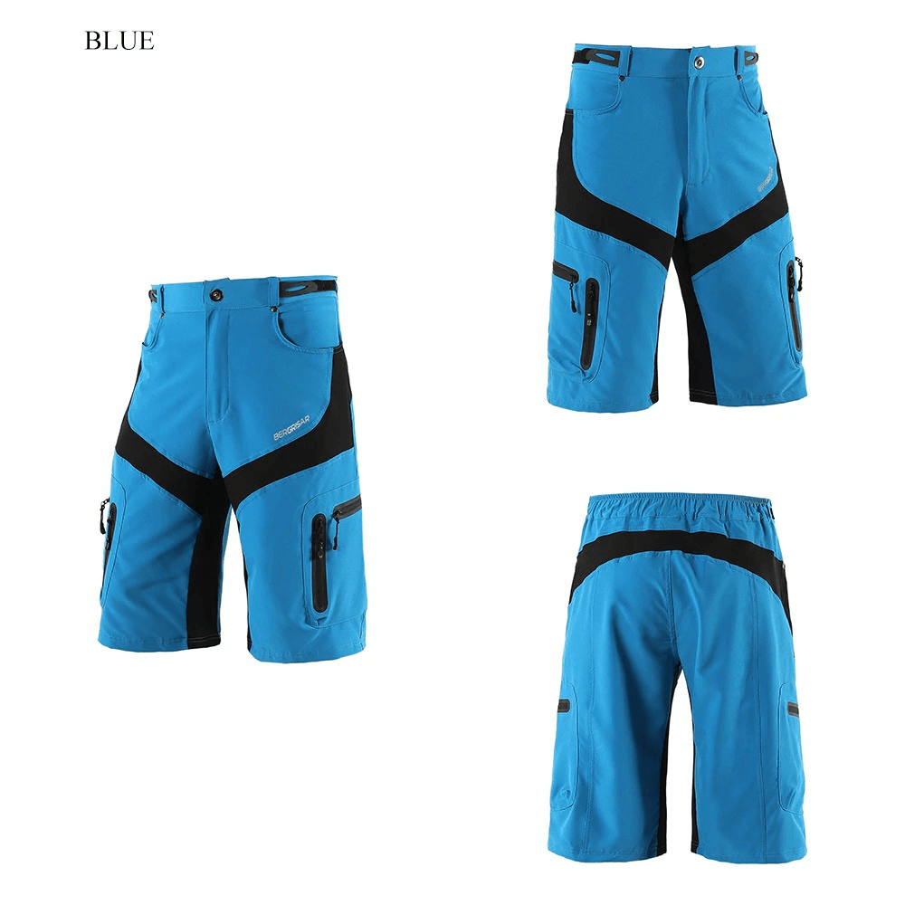 Blue water-resistant downhill mountain bike shorts with reflective detailing, showing front, side, and back views for cyclists.