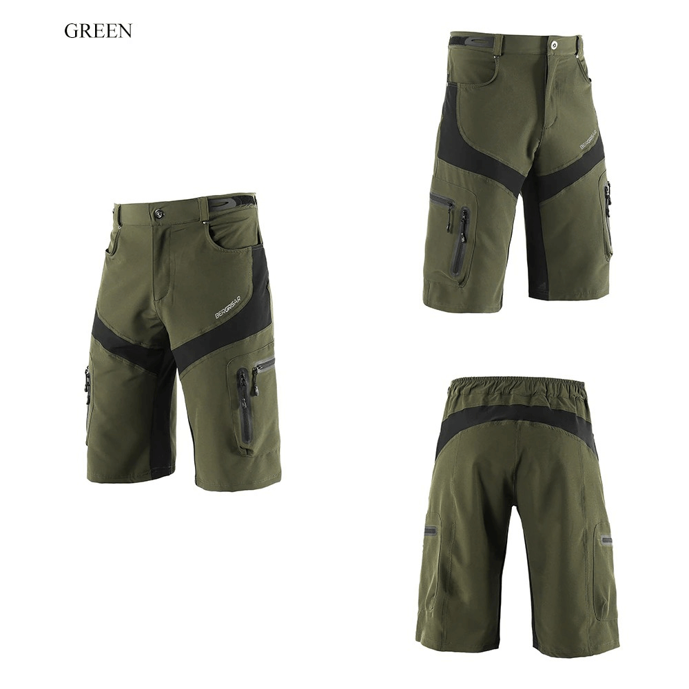 Alt Tag: Green water resistant mountain bike shorts with reflective detailing, perfect for cool and dry rides. Model SF0592 front and back view.